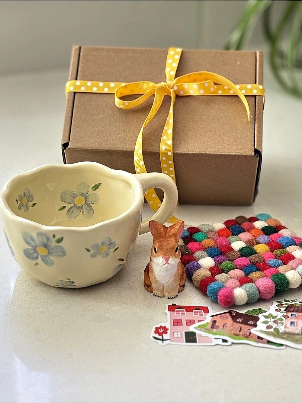 Cozy Home Gift Box, Flower Mug, Handmade Felt Coaster, Bunny Figurine & Cozy Hou